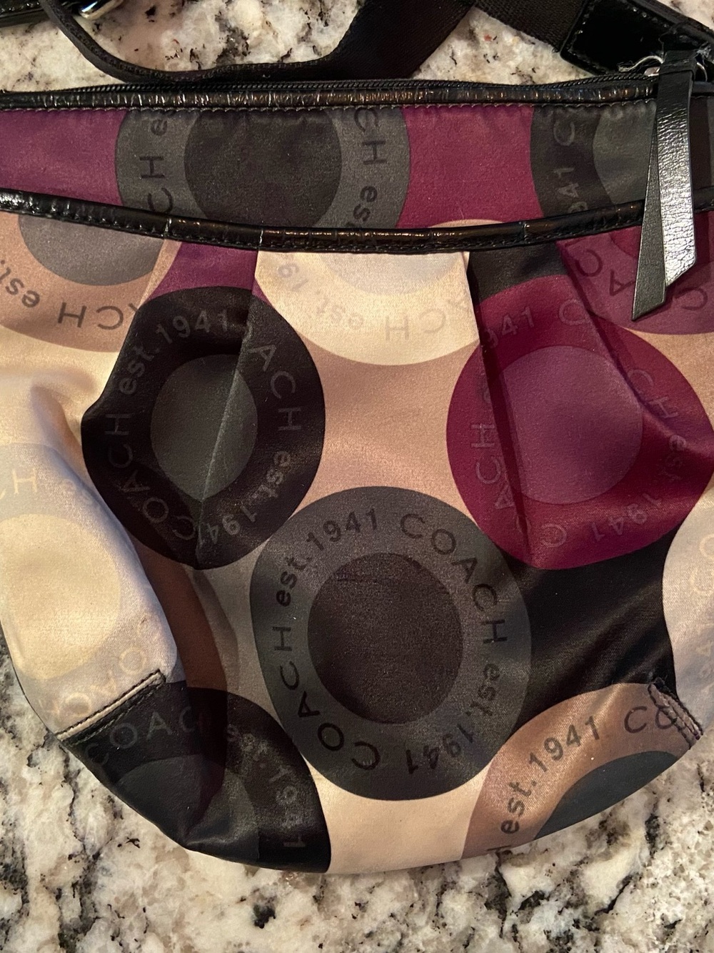 Coach Multicolor Circle Print Shoulder Bag in Burgundy, Black, Tan & Cream